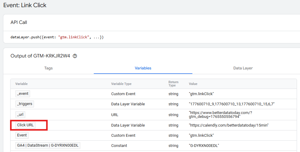 GTM Variables tab showing Click URL value for the Book call button