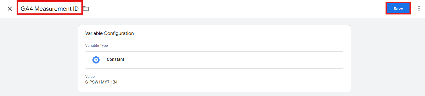 GTM Variable Configuration panel with Constant option selected