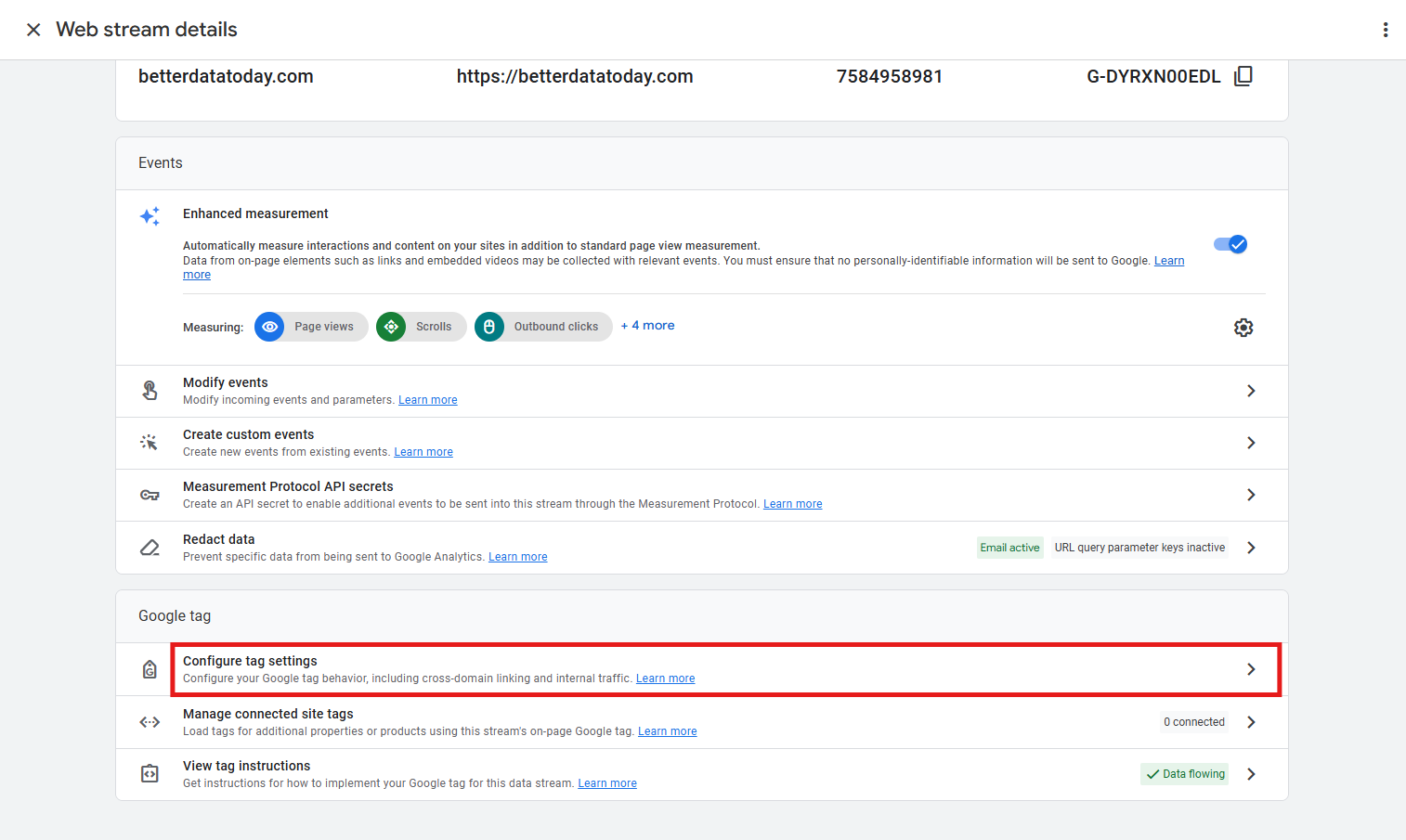 GA4 web stream details showing the Google tag section with Configure tag settings option