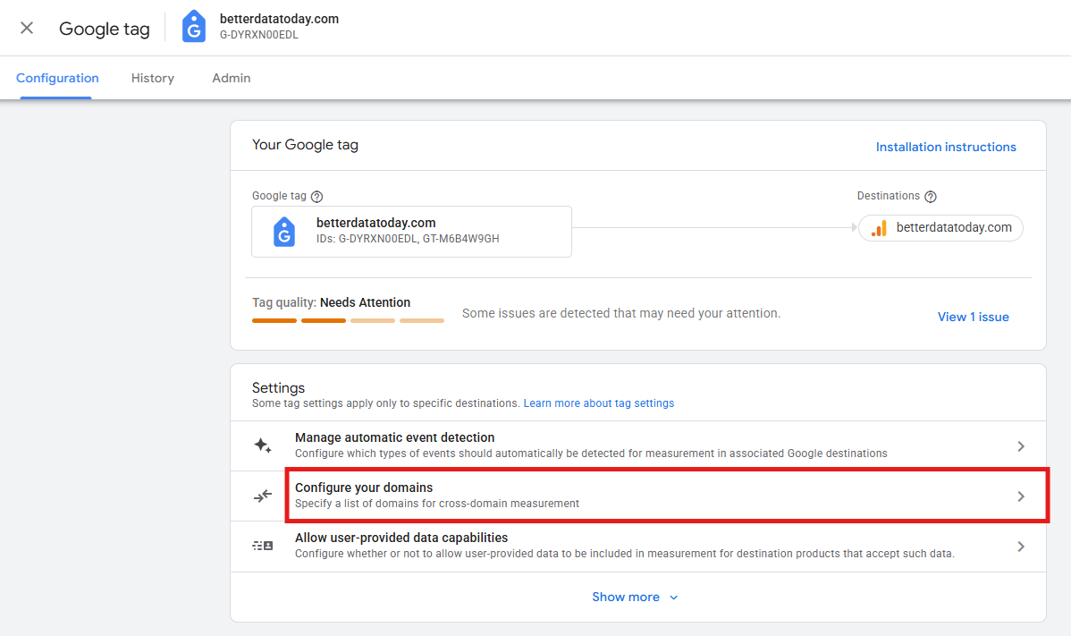 Google tag settings panel showing Configure your domains option under Settings