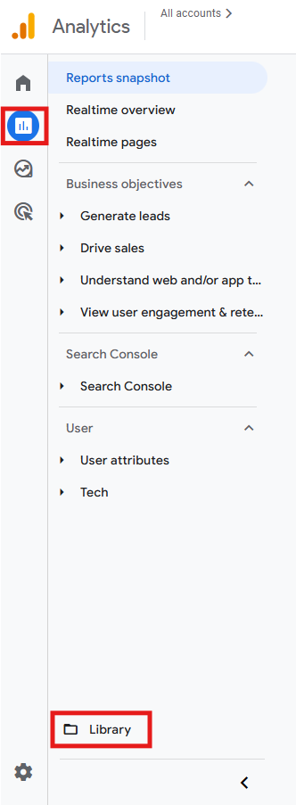GA4 Reports menu with Library option highlighted at the bottom left