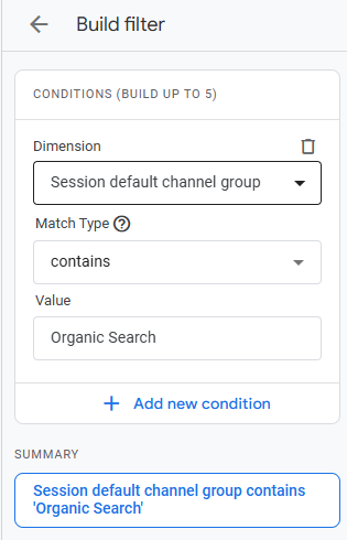 Filter configuration with Session default channel group set to Organic Search