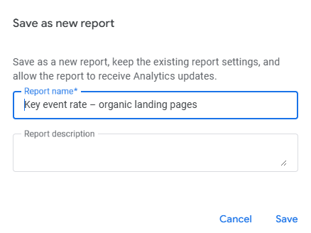 Save as new report dialog with Key event rate report name filled in