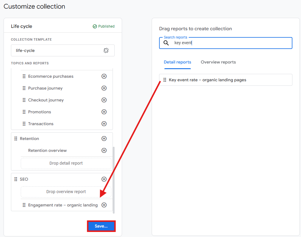 GA4 Library editor with the Key event rate report being added to the SEO topic