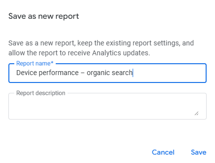 Save as new report dialog with Device performance report name filled in