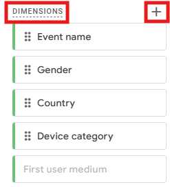 Dimensions panel in Explore with the + button highlighted