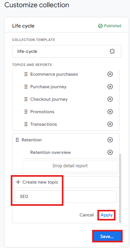 GA4 collection editor with new SEO topic being created