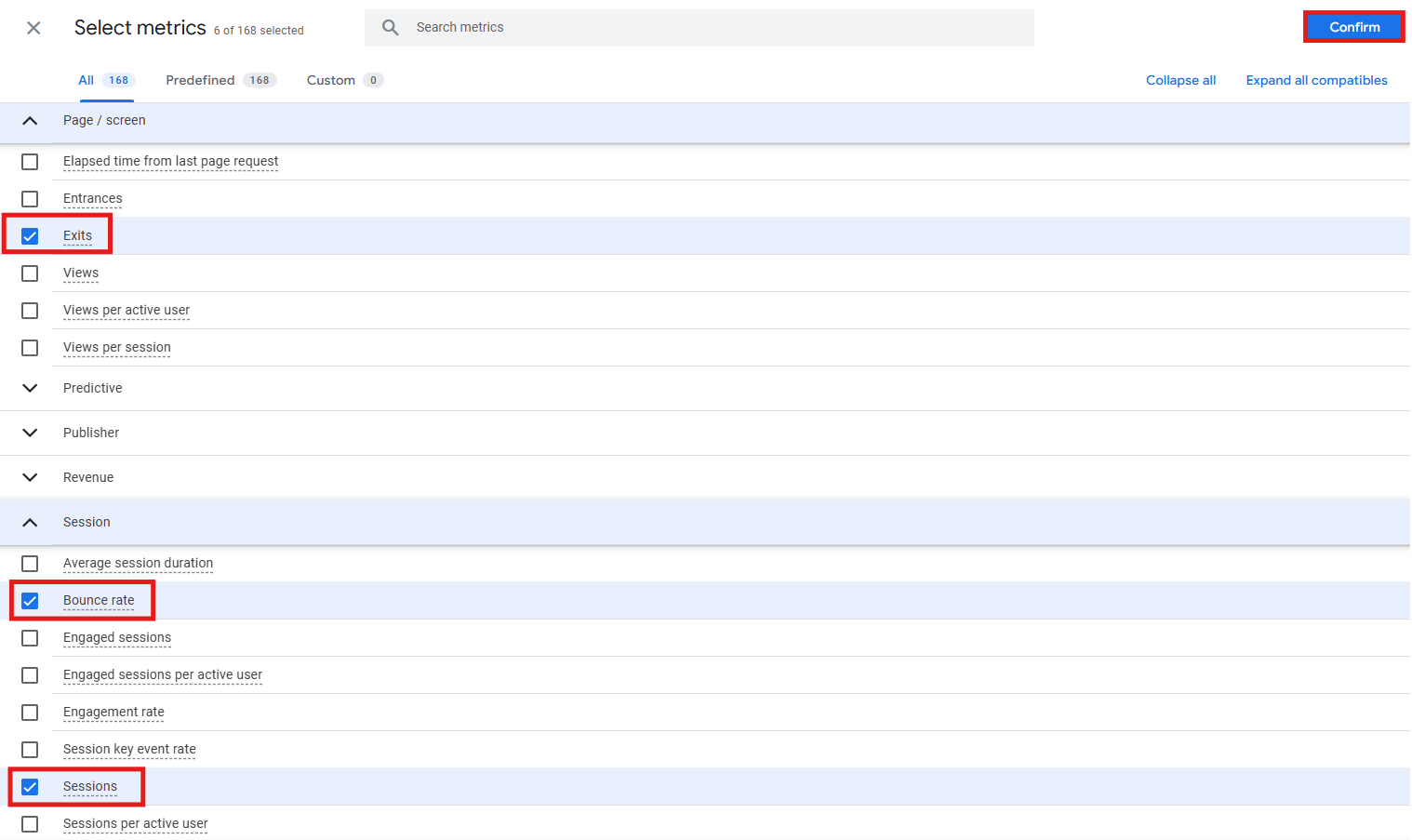 Metrics selection showing Exits, Bounce rate and Sessions being added