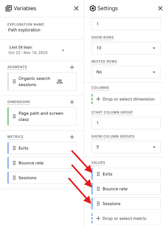 Exploration settings with Exits, Bounce rate and Sessions dragged to Values