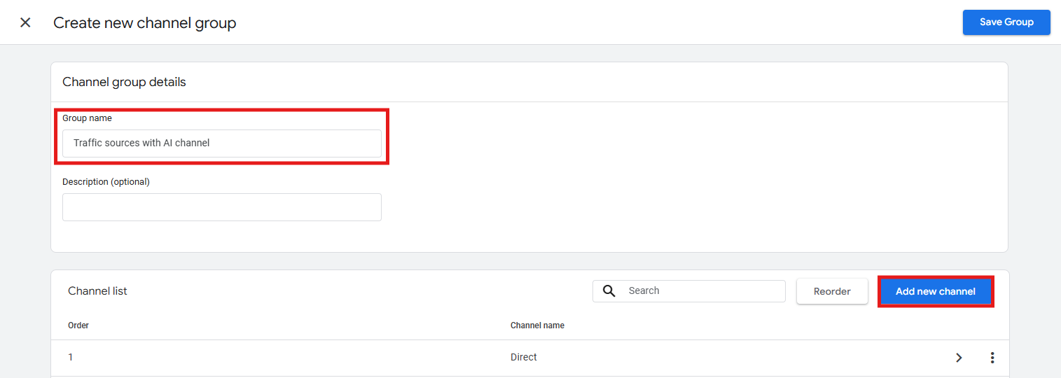 GA4 new channel group with name field and Add new channel button