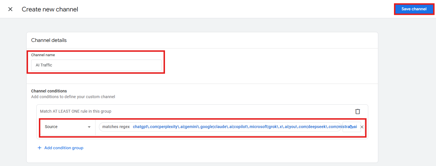 GA4 channel condition builder with Source matches regex and AI platform pattern entered