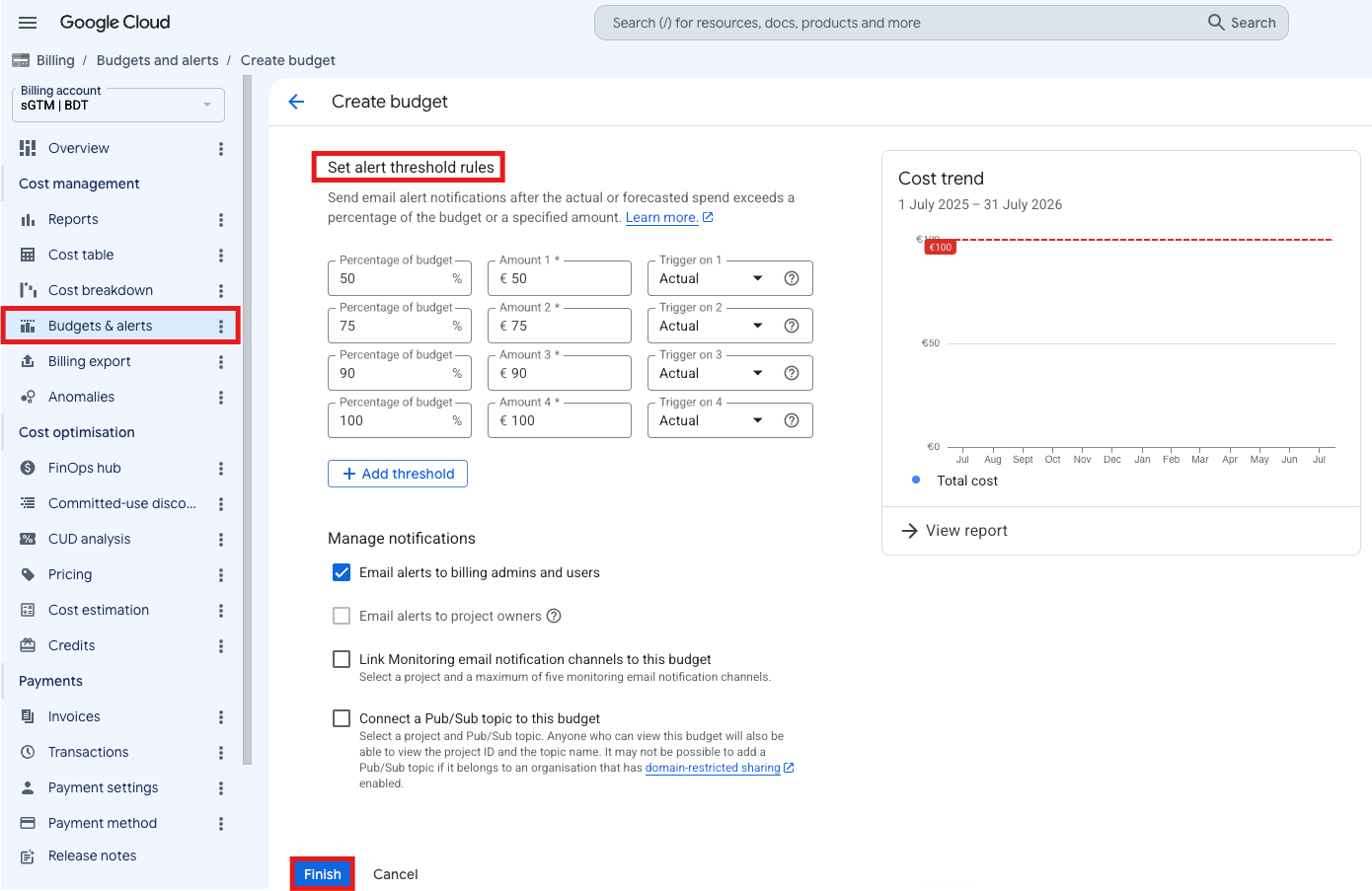 Budgets & alerts page in Google Cloud Billing with threshold configuration