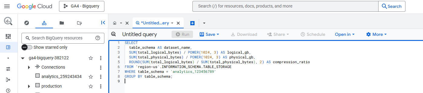 BigQuery Studio showing the compression ratio query results