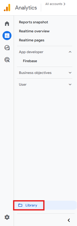 GA4 Reports screen with Library option