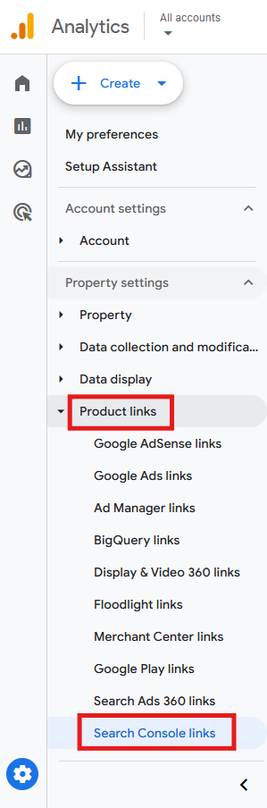 GA4 Admin panel showing Product links > Search Console links