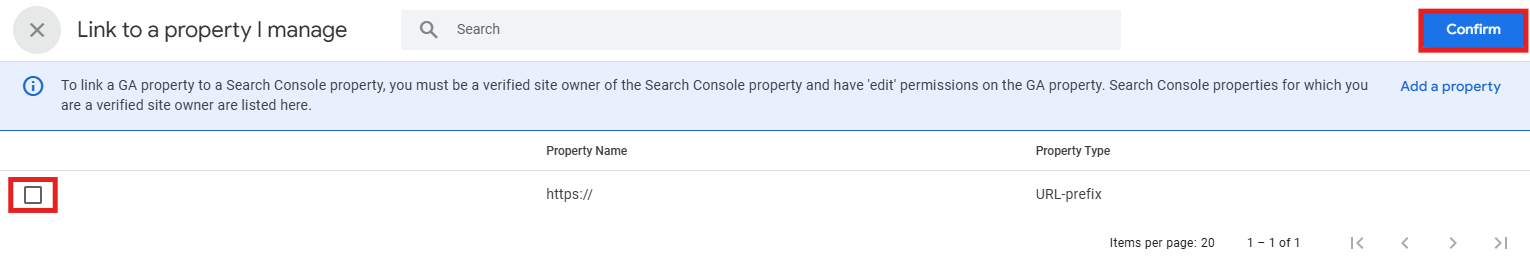 Search Console property selection screen