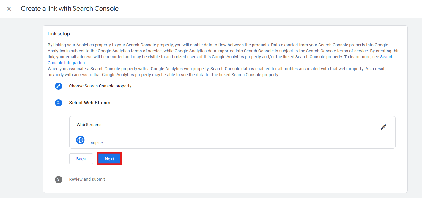 Link setup screen with Next button after web stream selection