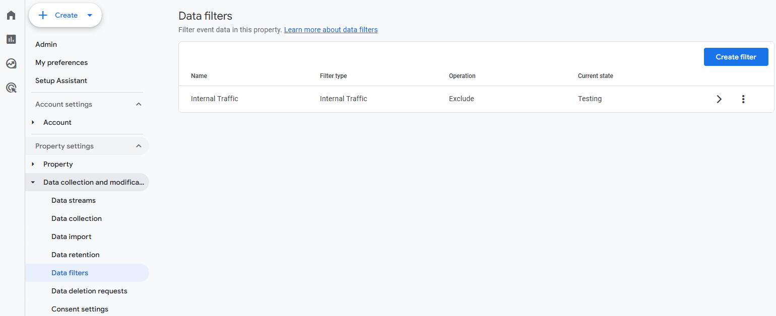 GA4 Data filters screen showing the Internal traffic filter creation option