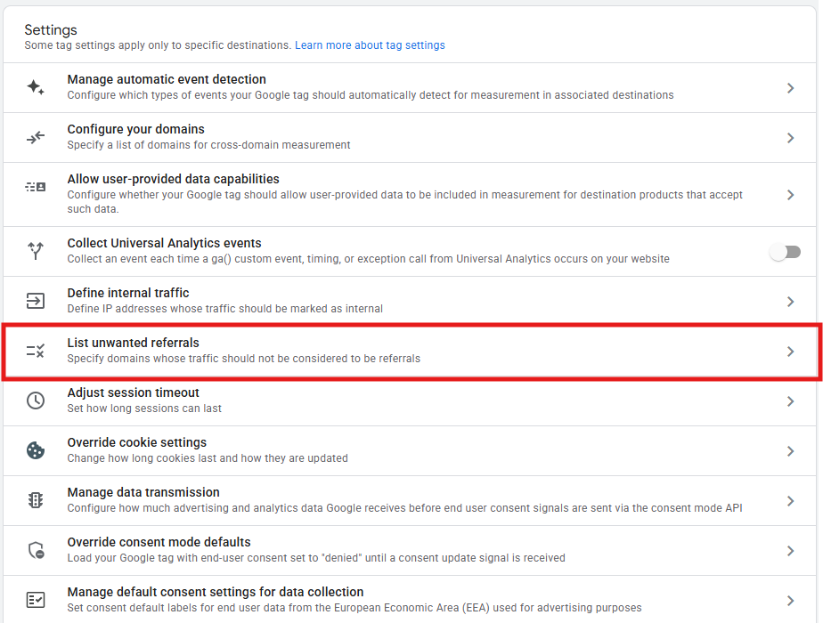 GA4 Configure tag settings panel showing the List unwanted referrals option