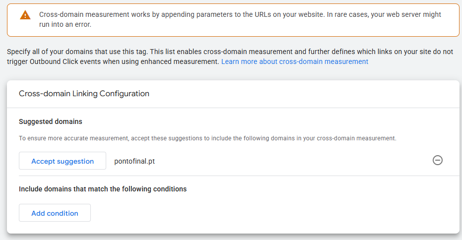 GA4 Configure your domains screen where domains and subdomains can be added for cross-domain tracking