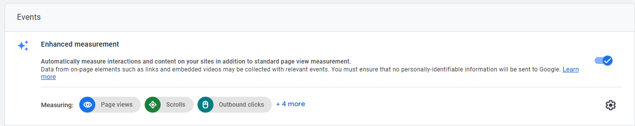 GA4 Enhanced Measurement settings showing the site search query parameter configuration