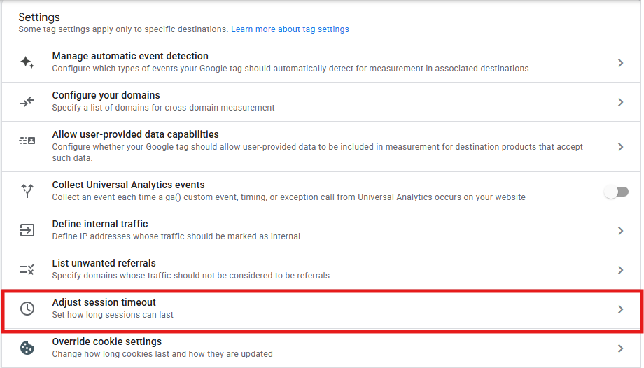 GA4 Configure tag settings panel showing the Adjust session timeout option
