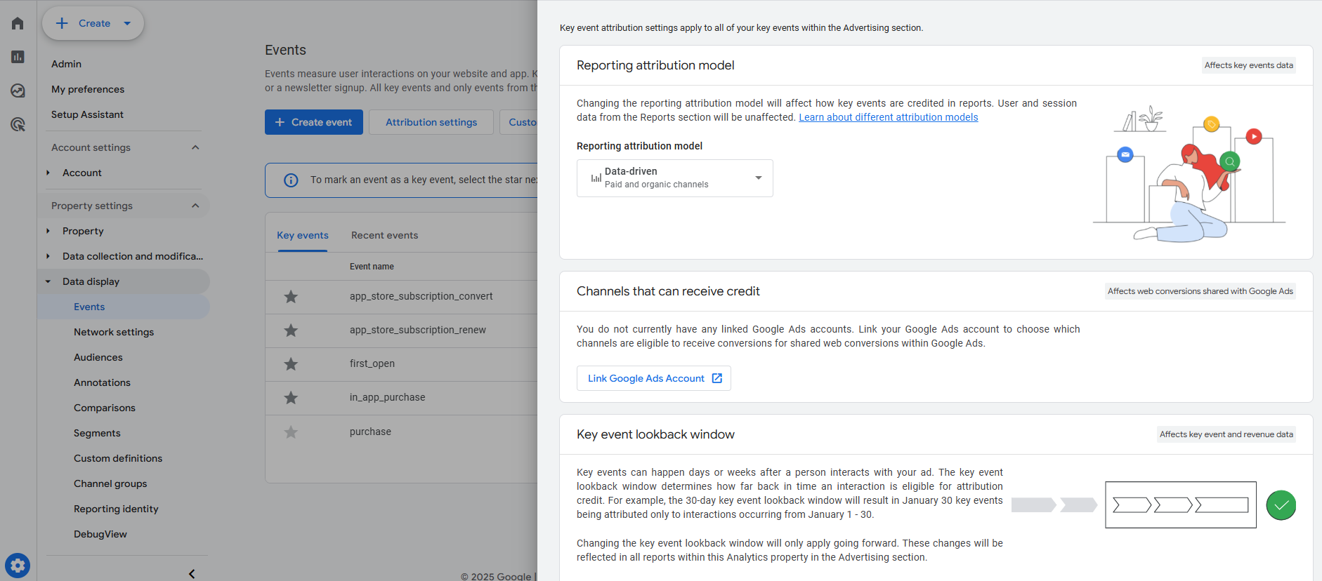 GA4 Attribution settings screen showing the Reporting attribution model set to Data-driven