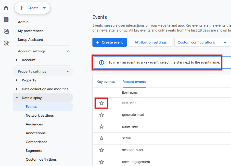 GA4 Events screen showing the star icon next to an event name to mark it as a key event