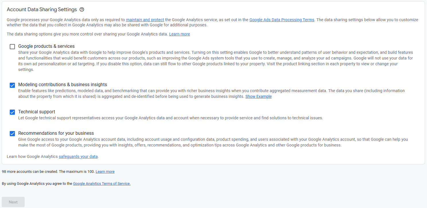 GA4 data sharing settings screen with default options