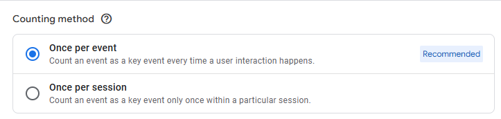 GA4 counting method selection showing the once per session and once per event options