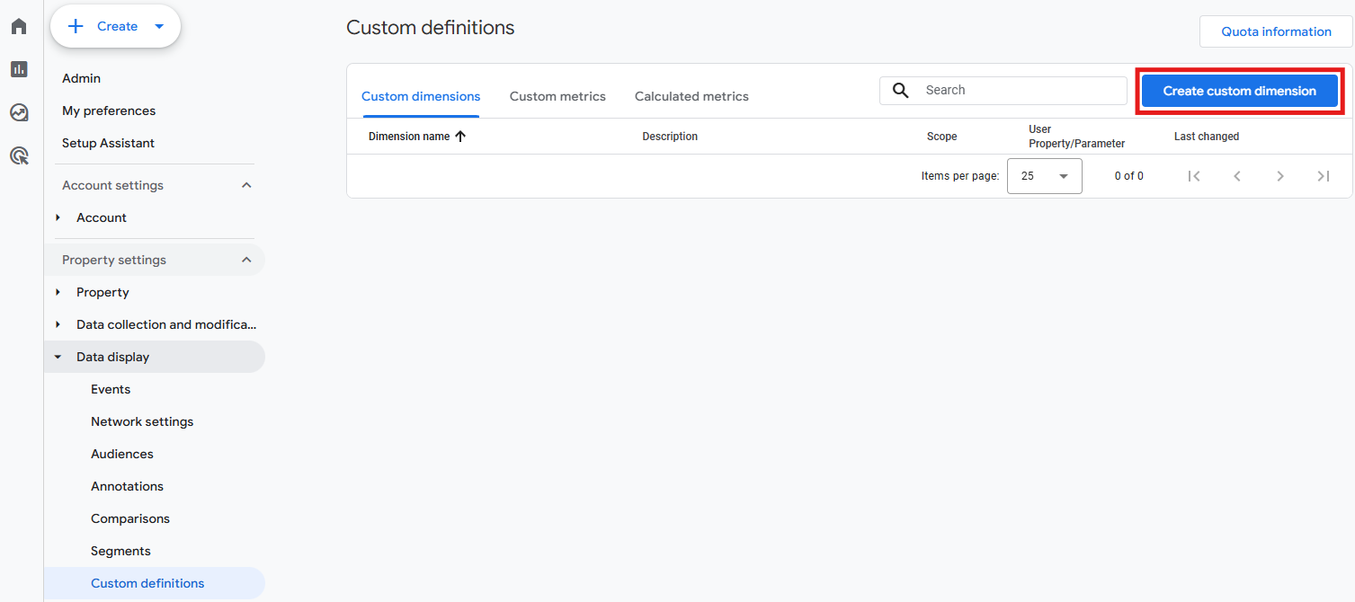 GA4 Custom definitions screen showing the option to create a new custom dimension or metric