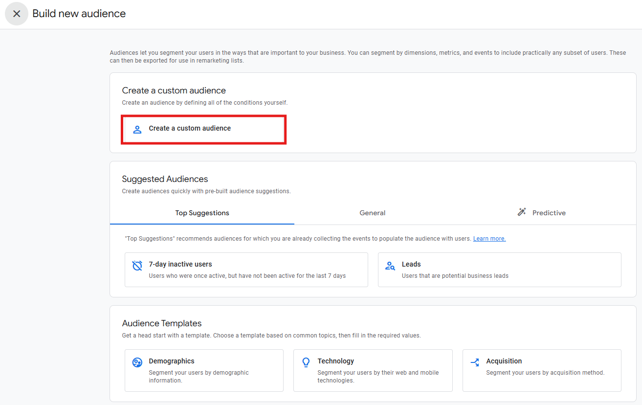 GA4 audience creation screen showing GA4 suggestions and the option to create a custom audience from scratch