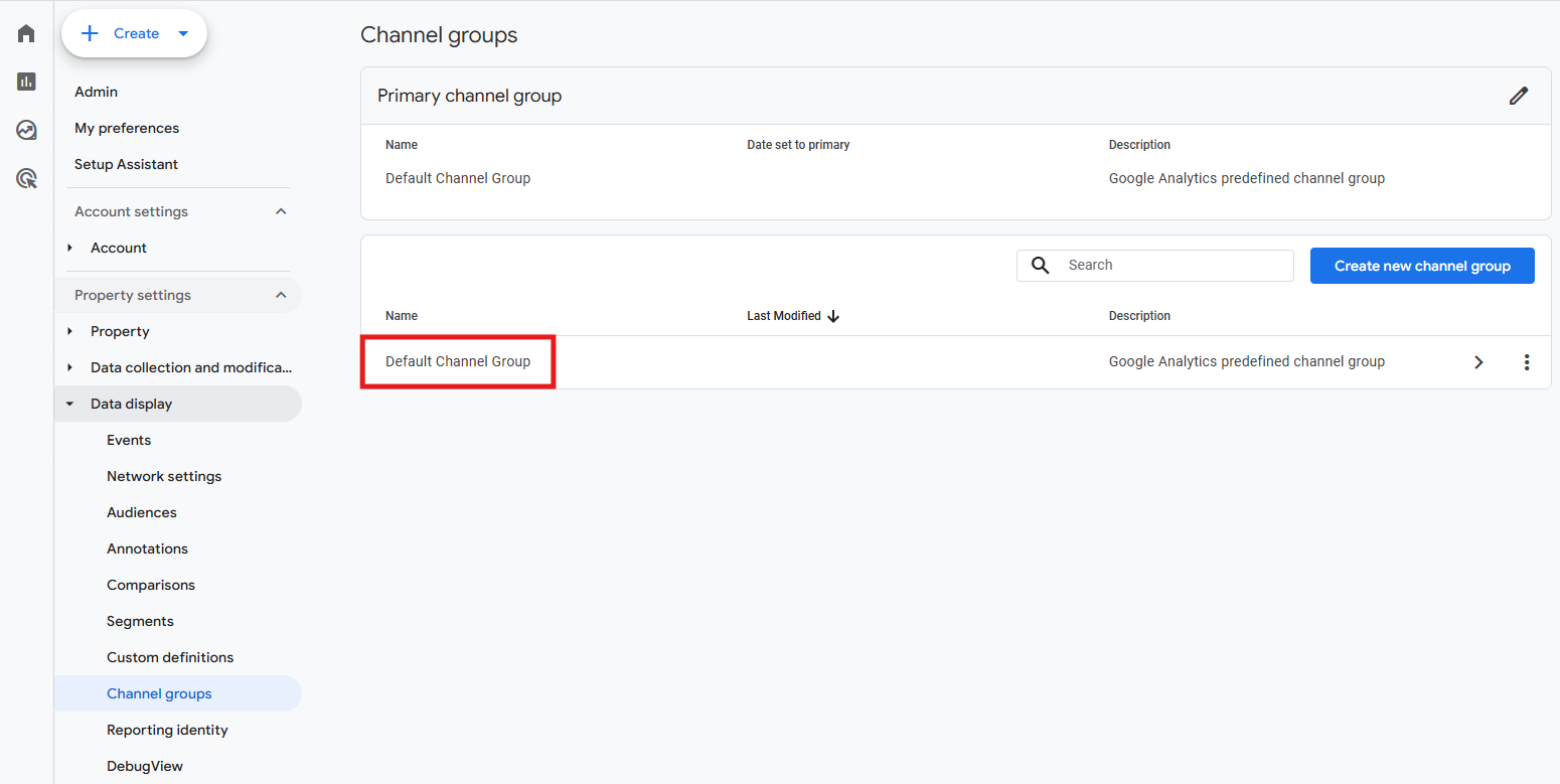 GA4 Channel groups screen in the Admin panel