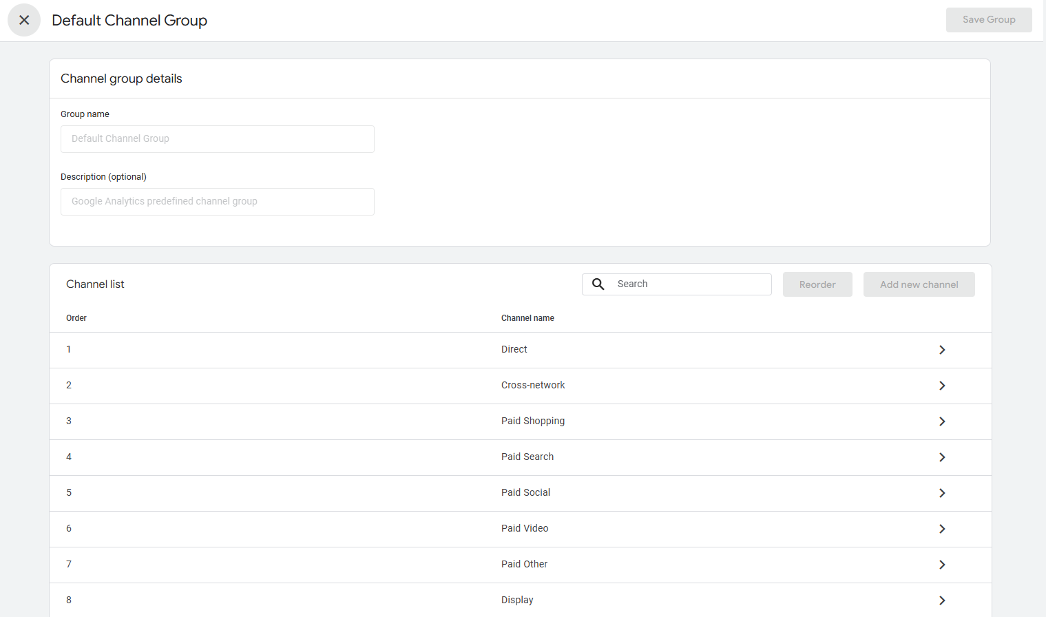 GA4 Default Channel Group screen showing the channel list that can be reordered