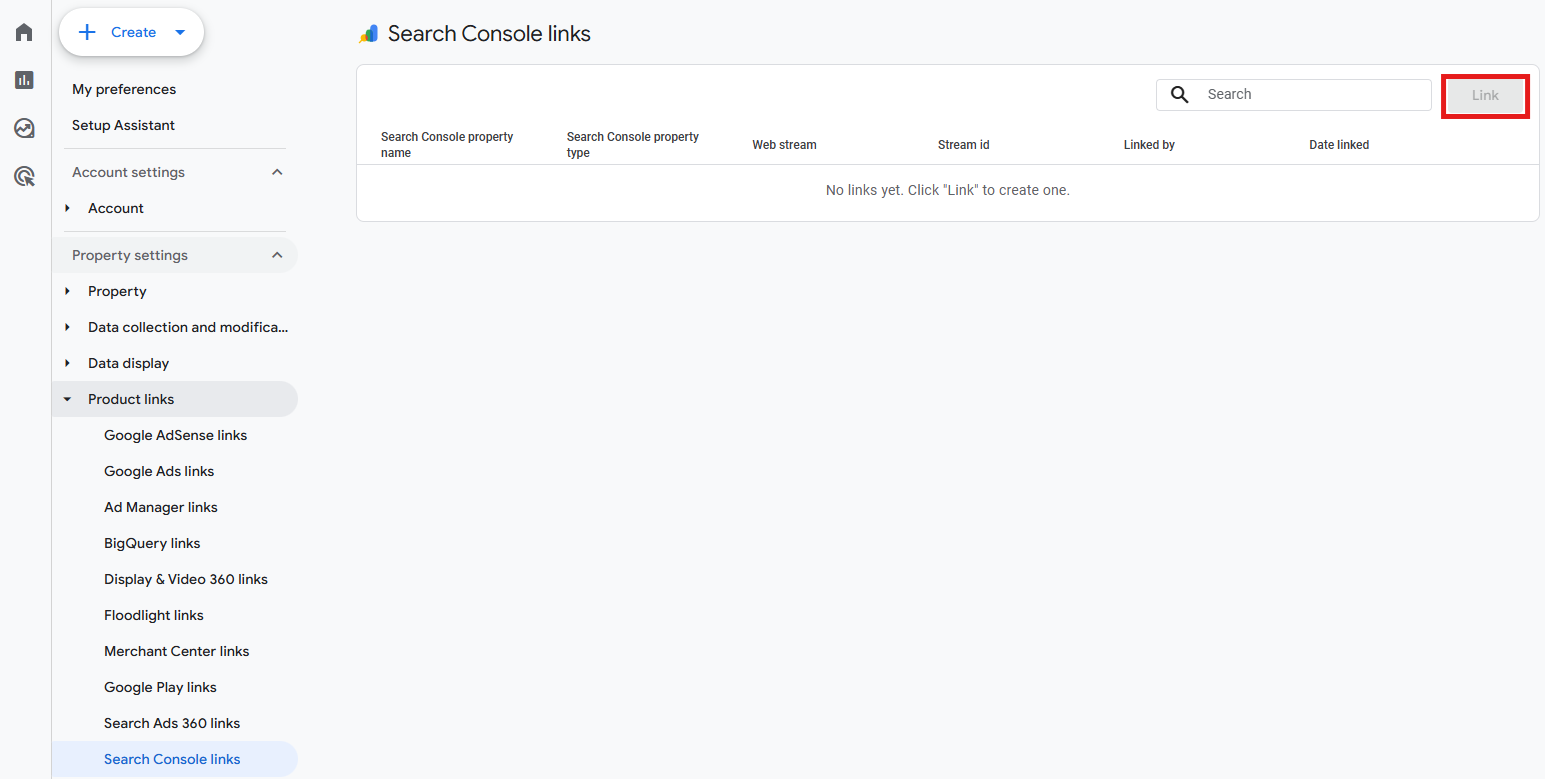 GA4 Product links panel showing the Search Console links option
