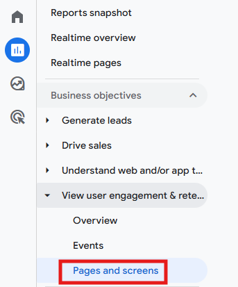 GA4 Pages and screens report showing top content and on-page behavior metrics