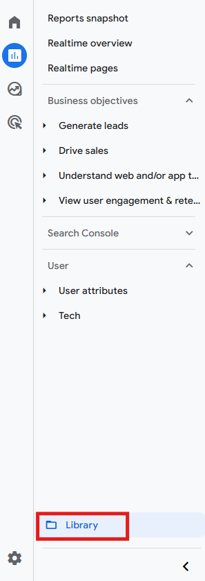 GA4 Reports Library button at the bottom left of the Reports panel
