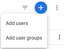 GA4 Access Management screen showing the + button and Add users or user groups option