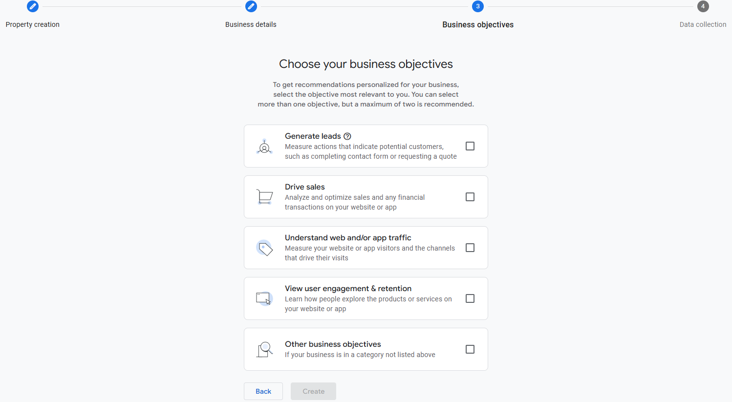 GA4 screen asking how the user intends to use Google Analytics to determine default reports