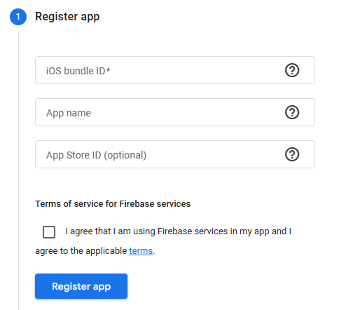 GA4 iOS or Android app stream setup screen with bundle ID, app name, and App Store ID fields