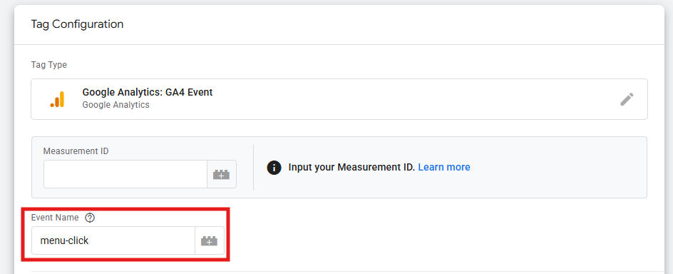 GTM GA4 Event tag with the event name field filled in as menu_click
