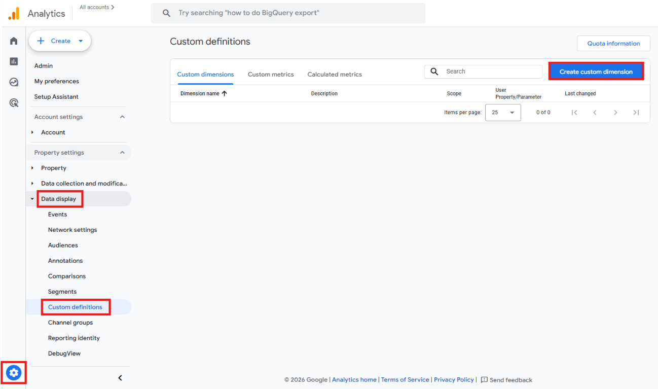 GA4 Admin panel showing Custom definitions with the Create custom dimension button