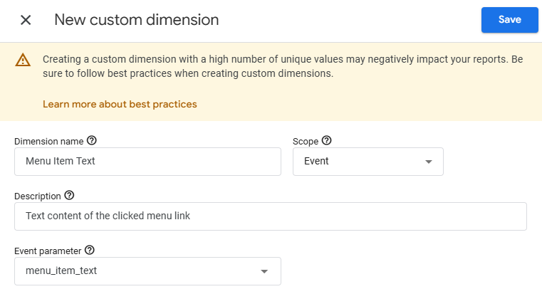 GA4 Create custom dimension form filled in for Menu Item Text with Event scope and menu_item_text as the event parameter