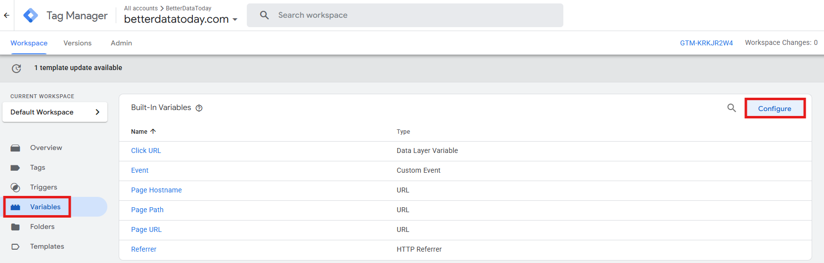GTM Variables section showing the Built-In Variables Configure button