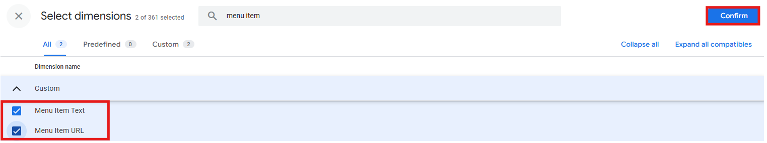 GA4 dimension search panel showing Menu Item Text, Menu Item URL, and Device category selected