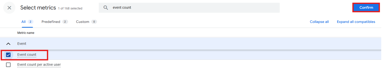 GA4 Exploration Variables panel showing the + icon next to Metrics with Event count being added