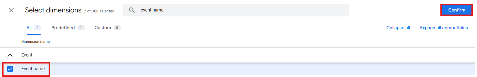 GA4 dimension search panel with Event name being added to the exploration
