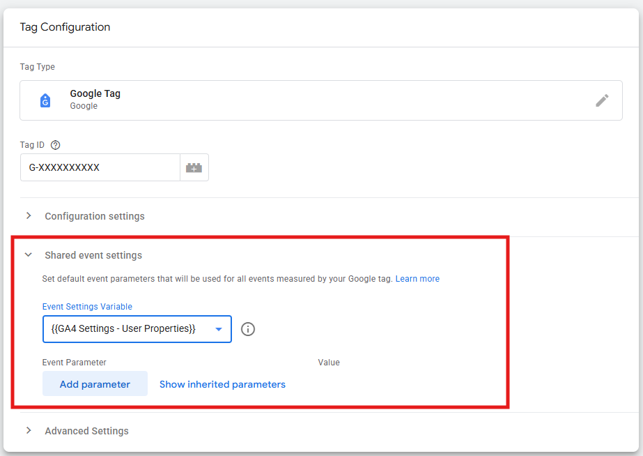 GTM Google Tag configuration showing the Shared event settings section with the GA4 Settings – User Properties variable selected