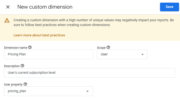 GA4 Create custom dimension form filled in for Pricing Plan with User scope and pricing_plan as the user property