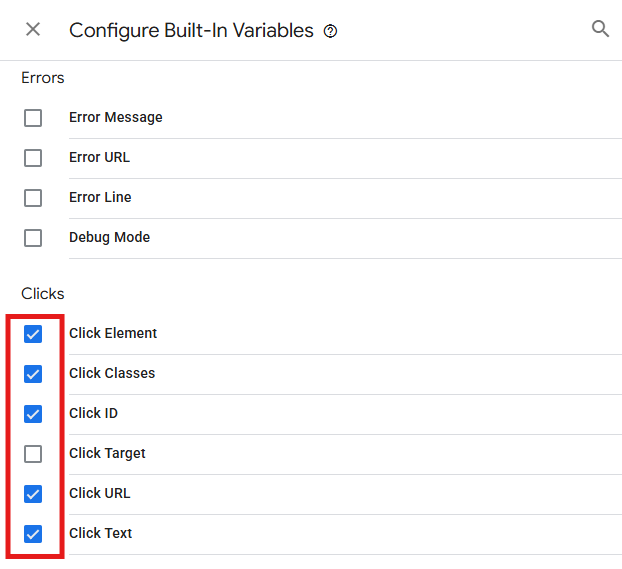GTM Built-In Variables panel showing the Clicks category with Click Element, Click Classes, Click ID, Click URL, and Click Text enabled